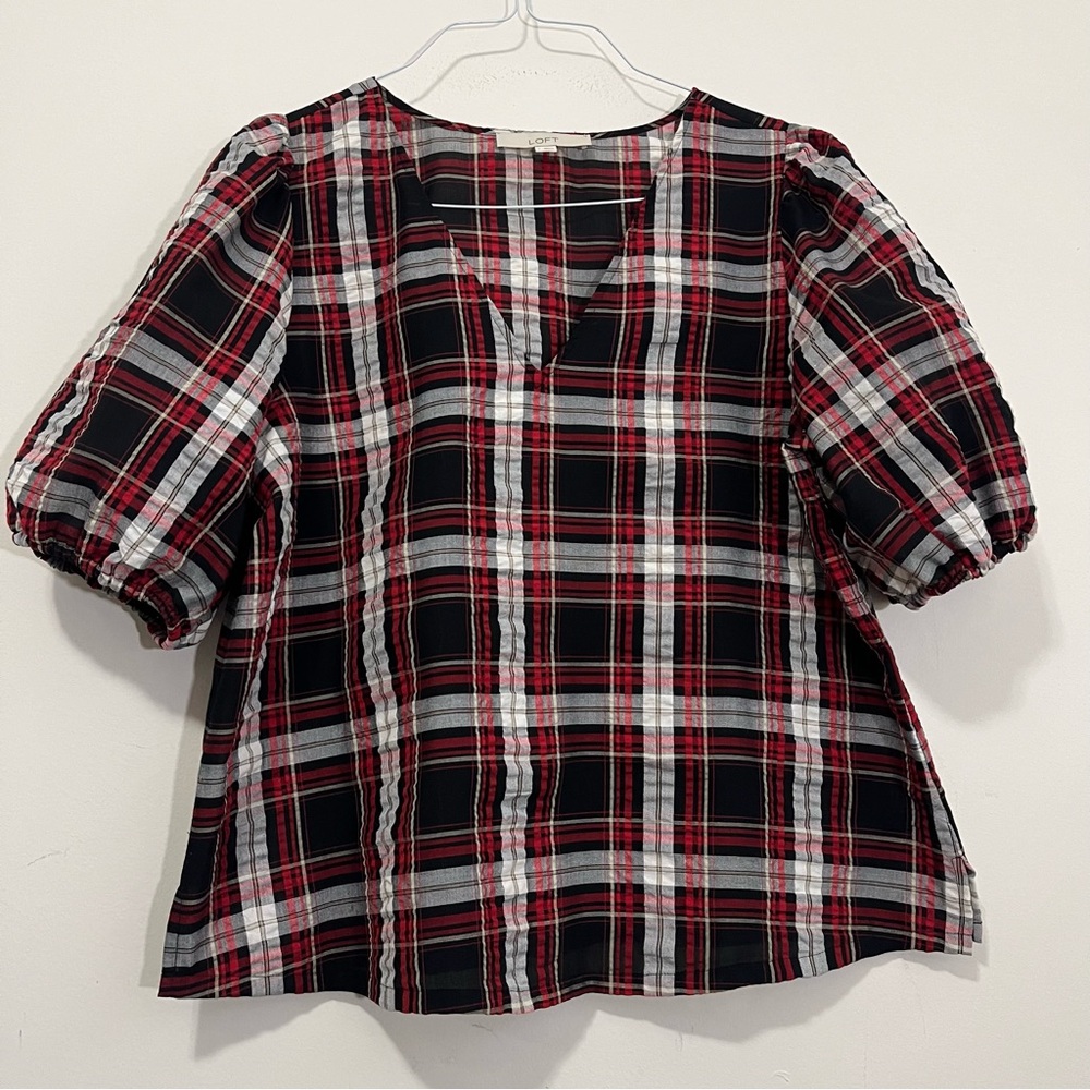 LOFT Red Black White Plaid Puff Sleeve Blouse